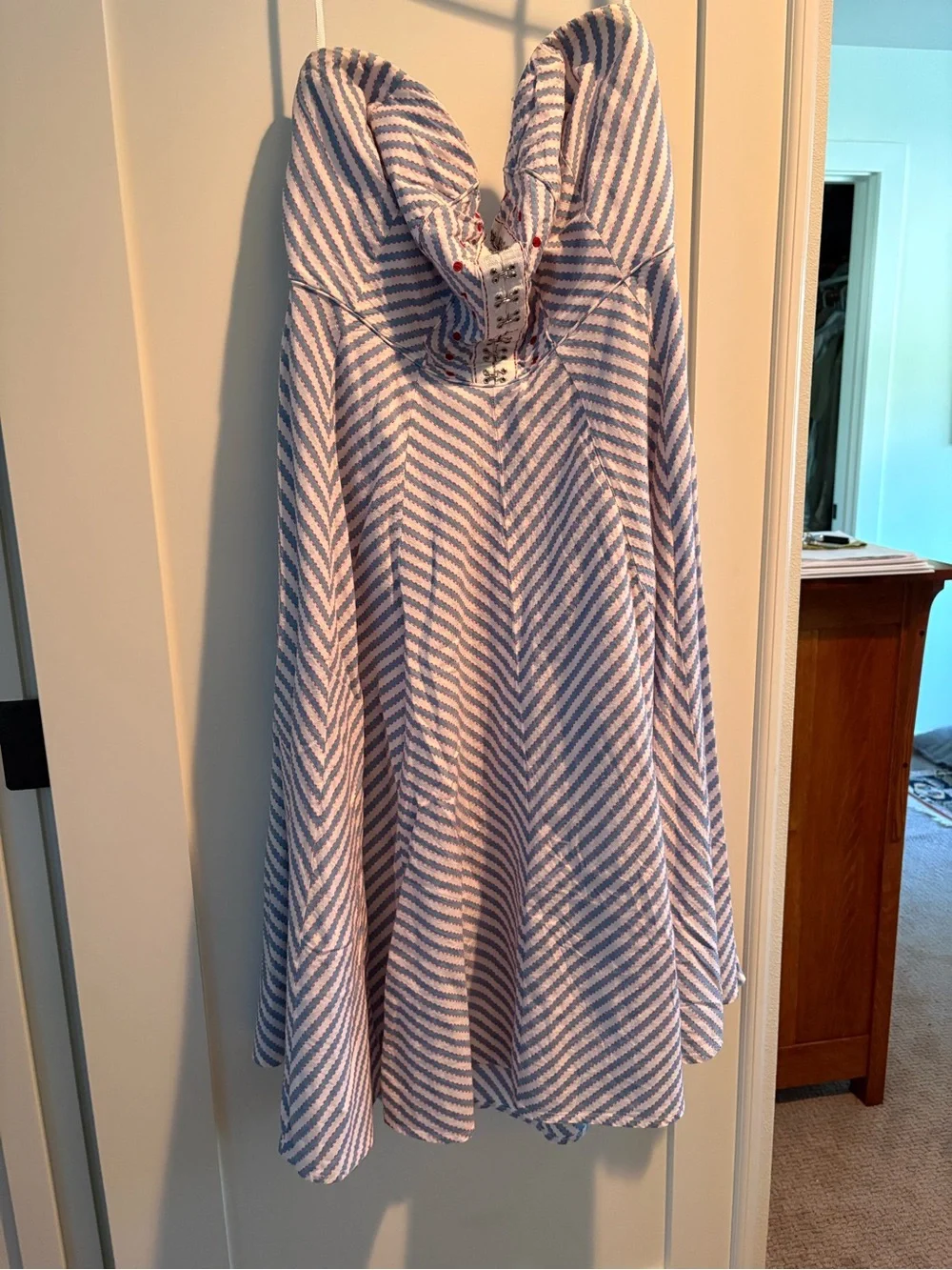 Anthropologie Strapless Blue & White Chevron Midi Dress with Front Detailing - Picture 2 of 6